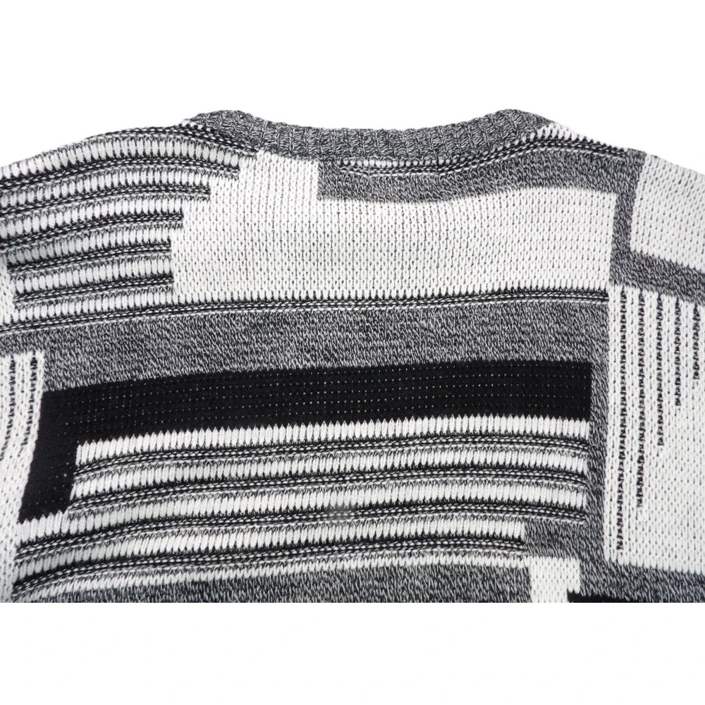 VTG Ashley Knit Sweater Men L Gray Black Abstract Geometric Leather Trim USA 90s